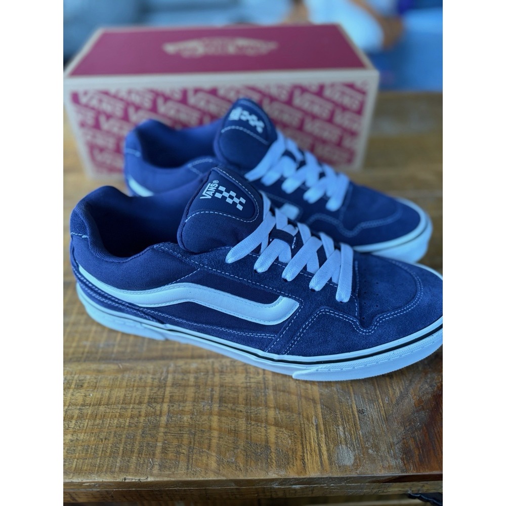 Vans Caldrone Mens 11 Navy Blue Leather Classic Skater Sneaker Low Top